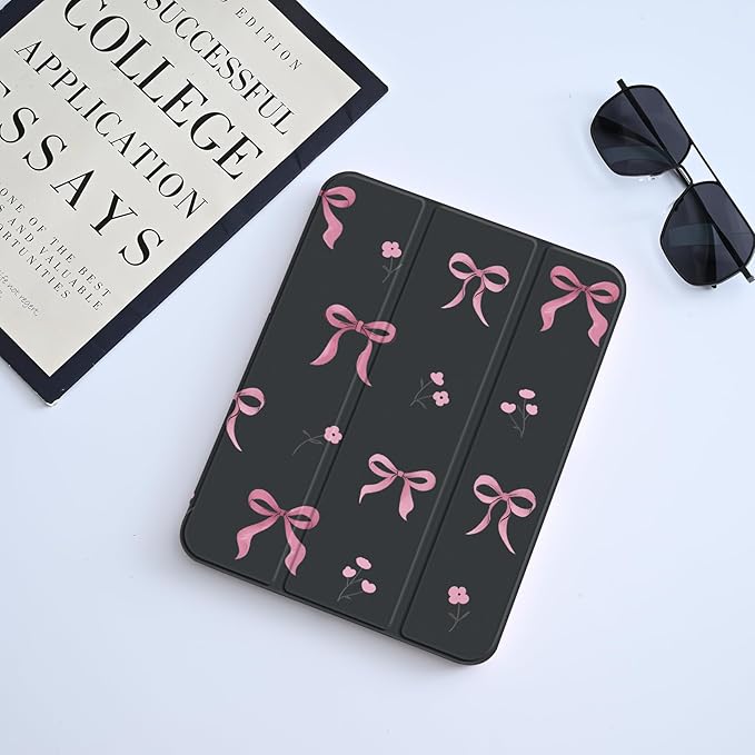 Cute Case for iPad mini 7th(A17 Pro) 2024 / Mini 6th Gen 8.3 2021 Pink Bow Tie Flower Clear Hard Back Hybrid Casewith Pencil Holder Trifold Stand Slim Cover for Women