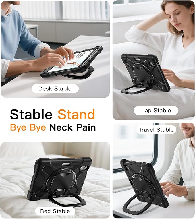 BATYUE Case for iPad mini 7 A17 Pro 2024/iPad Mini 6 2021 8.3 Inch with Pencil Holder 360 Rotating Stand Shoulder Strap Handle Grip Shockproof Rugged Case for iPad mini 7th/6th Gen Black