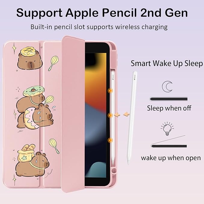 Cute Kawaii Capybara for iPad Air 11 Inch Case 7th/6th Generation (M3/M2) 2025/2024 with Pencil Holder Auto Sleep/Wake Pink Leather Clear Acrylic Back Cover