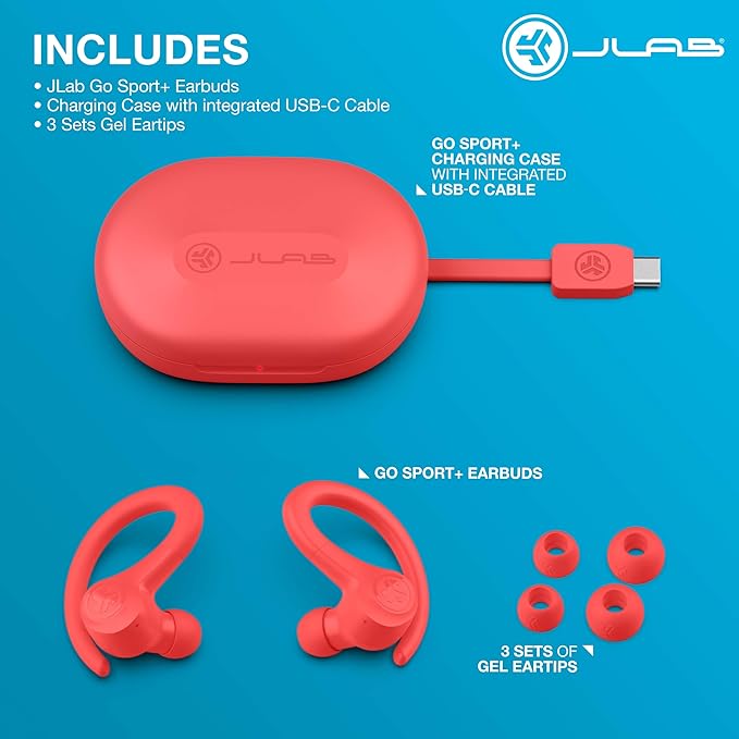 JLab Go Sport+ Wireless Workout Earbuds Featuring C3 Clear Calling Secure Earhook Sport Design 35+ Hour Bluetooth Playtime 3 EQ Sound Settings and IP55 Sweat Resistance (Coral)