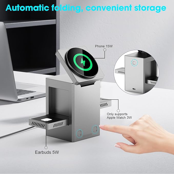 25W 3 in 1 Charging Station for Apple DevicesAuto Open/Close Mag-Safe Wireless Charging Stand CubeTravel Wireless Charger Dock for iPhone 16/15/14Series &amp Apple Watch &amp AirPods (Metal Gray)