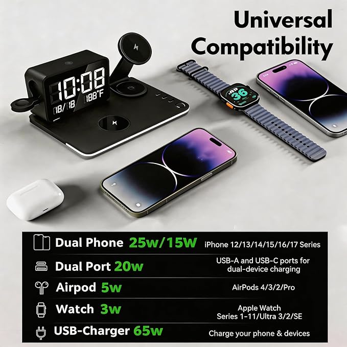 THL MagCharge 7-in-1 Magnetic Wireless Charging Station 25W Rotatable Stand Dimmable Ambient Bluetooth Clock 65W Adapter Included for iPhone 17/16/15 Apple Watch AirPods Bedside Desk Charger