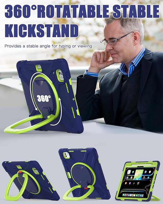 BRAECN for iPad Pro 11 Inch Case (M5/M4) 2025/2024 Shockproof Silicone Cover with Built-in Screen Protector Multiple Adjustable Viewing Angles Shoulder Strap Handle Grip Pencil Holder Navy Green