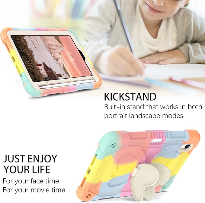 DUEDUE Case for iPad mini 7 (A17 Pro) 2024iPad mini 6 Case 2021 Butterfly Wings Kickstand with Pencil Holder Shockproof Protective Tablet Case for iPad mini 7th/6th Gen Kids Rainbow Pink