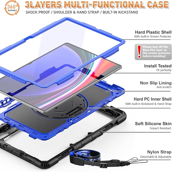 Timecity Case for Samsung Galaxy Tab S10 Ultra/ S9 Ultra/ S8 Ultra Tablet Case 14.6''- Heavy Duty Protective Cover with Screen Protector Stand Shoulder Strap &amp S Pen Holder | Kids-Friendly Blue