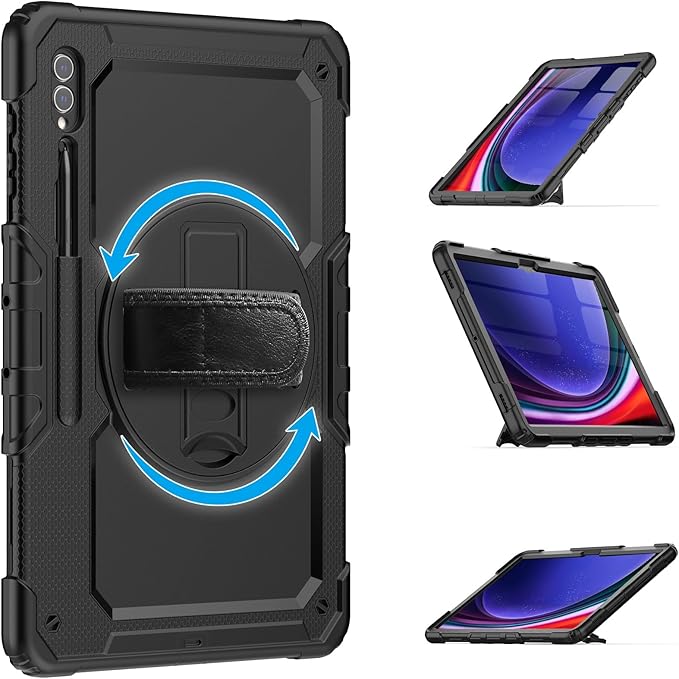 Case for Samsung Galaxy Tab S10 Ultra / S9 Ultra / S8 Ultra Case 14.6 inch with Screen Protector Hand Strap Shoulder Strap Rotating Stand and Pen Holder Black