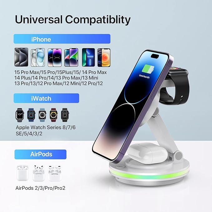 Foldable 3 in 1 Charging Station for iPhone Wireless Charger Stand with Magnetic Charging Station for iPhone 16 15 14 13 12 11 X Pro Max Watch AirPods Pro 3 2（W）