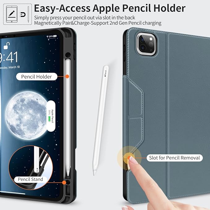 H HOLIMET Case for iPad Pro 12.9 2022 6th/5th/4th/3rd Generation with Pencil Holder Folio Shockproof Auto Sleep/Wake Vegan Leather