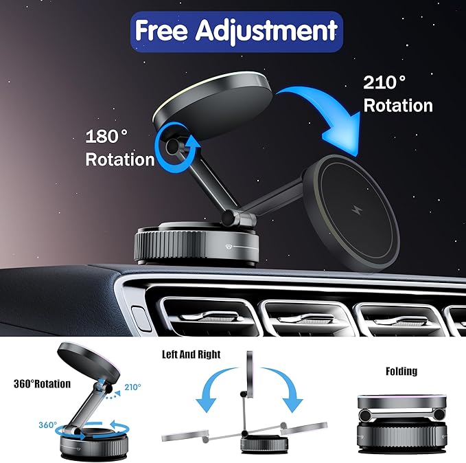 Magnetic Phone Holder for Car Wireless Charging 15W Fast Wireless Car Charger with Vacuum Suction 360° Adjustable Magnetic Mount for Dashboard &amp Windshield Hands-Free for MagSafe iPhone &amp A