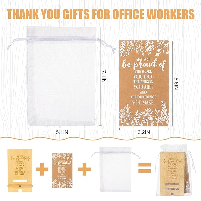 Novabright 12 Sets Employee Appreciation Gifts Bulk Bamboo Wooden Phone Stand for Desk with Greeting Cards Organza Bags Thank You Gifts for Coworkers Nurse Teacher Staff Office