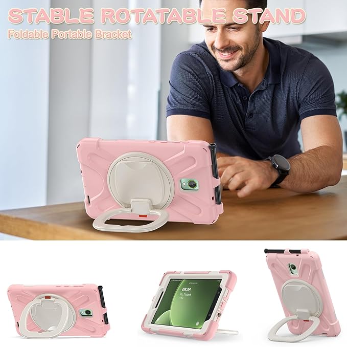 Rugged Case for Samsung Galaxy Tab Active5 5G (SM-X306B/X300) w/ 360° Rotating Hanging Ring Handle Grip Kickstand Heavy Duty Shock-Proof Armor Cover w/Shoulder Strap Stylus Holder (Pink)