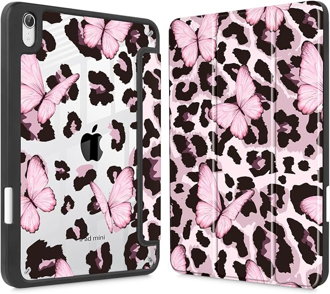 Mektron Printed Case for iPad mini 7 (A17 Pro) 2024/ Mini 6 2021 iPad mini 7th/6th Generation 8.3-inch Liquid Retina Display Cover Buit in Pencil Holder with Clear Back Shell Leopard Pink Butterfly