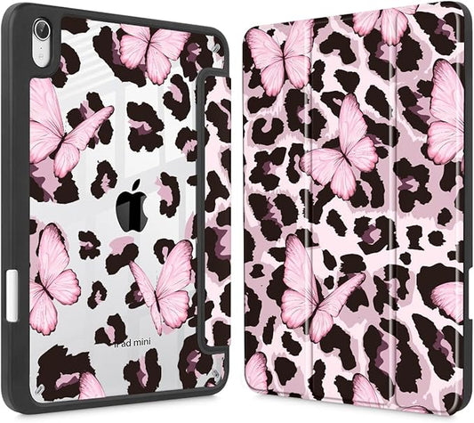 Mektron Printed Case for iPad mini 7 (A17 Pro) 2024/ Mini 6 2021 iPad mini 7th/6th Generation 8.3-inch Liquid Retina Display Cover Buit in Pencil Holder with Clear Back Shell Leopard Pink Butterfly