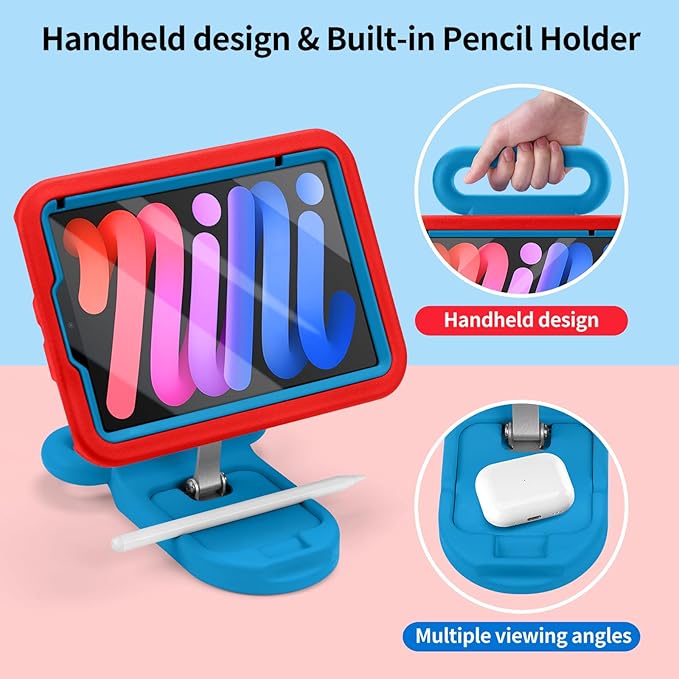 Kids Case for iPad mini 7 (A17 Pro) 2024 / iPad mini 6 2021 Child Friendly Case with Adjustable Portrait/Landscape StandHeavy Duty Cover with Screen Protector for iPad mini 7/6 8.3 inch(Redblue)