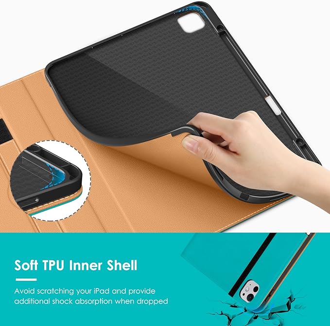 VIKESI Case for iPad Pro 13 (M4) 2024 Leather Stand Cover with Apple Pencil Holder Auto Wake/Sleep Multiple Viewing Angles Built in Hand Strap &amp Pocket Cyan Blue