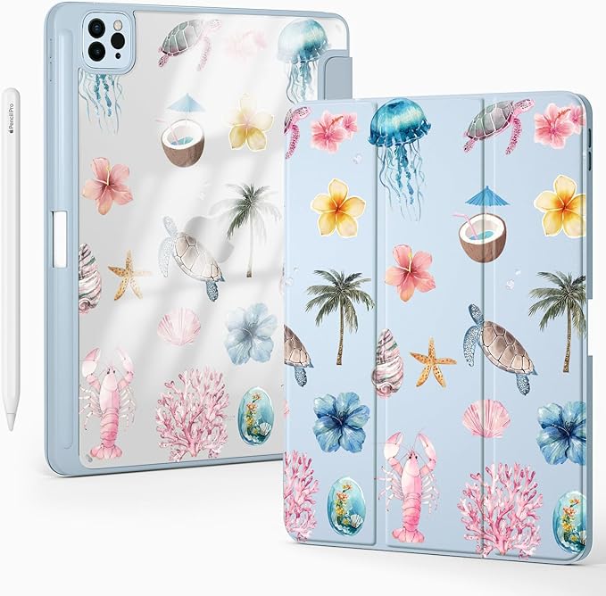 Cute Sea Turtle Flower Palm Tree for iPad mini 7 A17 Pro 2024/iPad Mini 6 Case with Pencil Holder Auto Sleep/Wake Blue Leather Clear Acrylic Back Cover