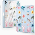 Cute Sea Turtle Flower Palm Tree for iPad mini 7 A17 Pro 2024/iPad Mini 6 Case with Pencil Holder Auto Sleep/Wake Blue Leather Clear Acrylic Back Cover