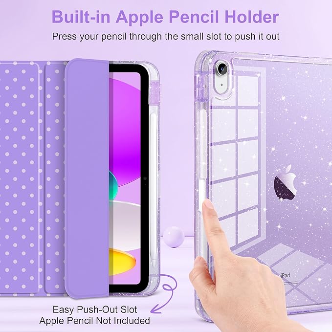 DONGKE for iPad Case 9th/8th/7th Generation 10.2 Inch (2021/2020/2019) Shockproof Glitter Acrylic Back with Trifold Stand Pencil Holder &amp Auto Sleep/Wake - Purple Polka Dot