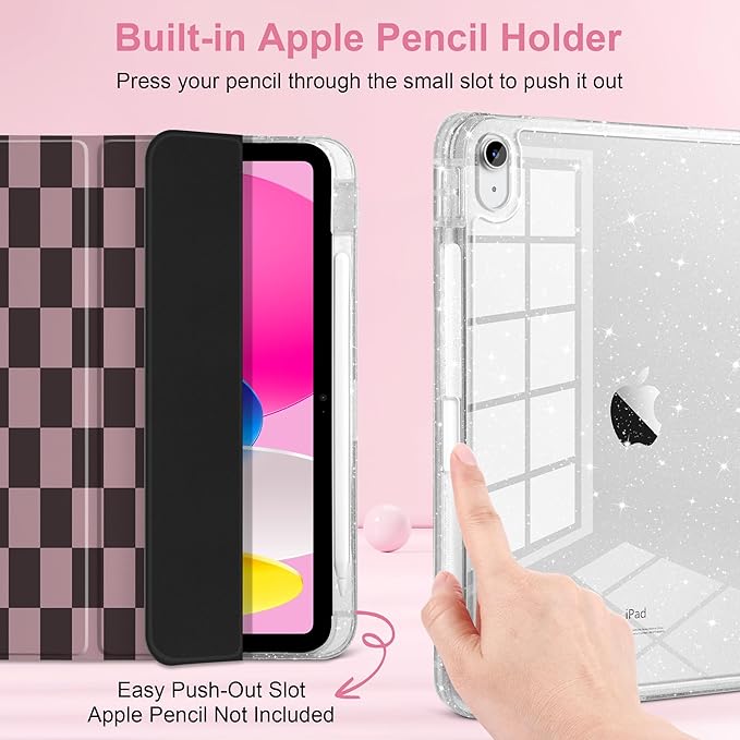 TWOLSKOO Sparkly Case for iPad Pro 11 inch (M5 2025 / M4 2024) Glitter Hard Acrylic Back with Pencil Holder Slim Trifold Stand Folio Cover Auto Sleep/Wake Checkered Pattern