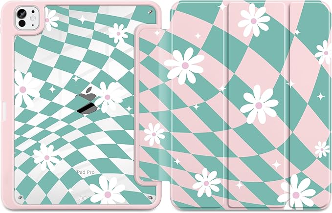DONGKE for iPad Pro 11-Inch Case (M5 2025 / M4 2024) 6th/5th Generation [Auto Sleep/Wake &amp Pencil Pro Holder] Clear Acrylic Back Smart Trifold Stand Cover Checkered &amp Daisy