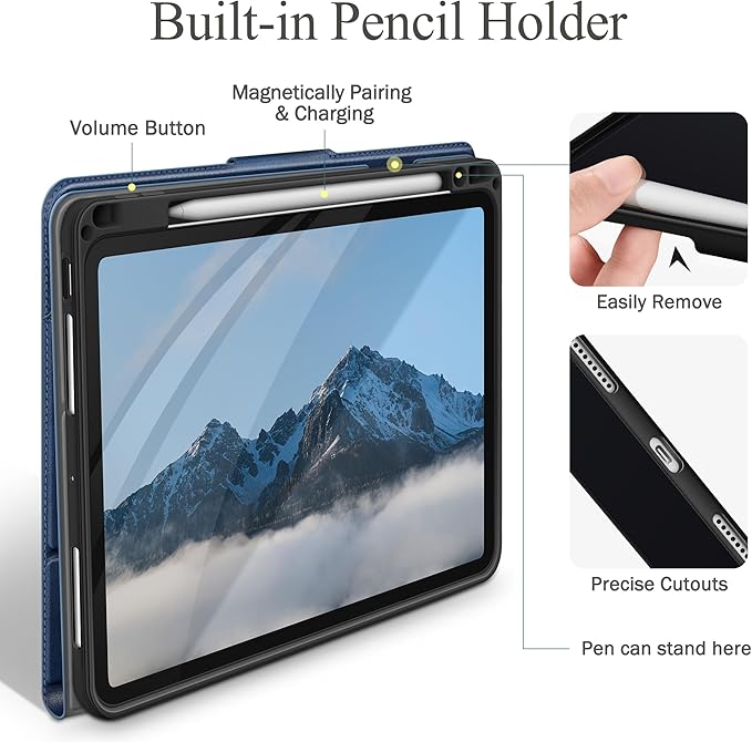 auaua Case for iPad Pro 11 Inch (M5/M4) 2025/2024 with Pencil Holder and Pocket Multiple Angles Viewing Magnetic Closure Auto Sleep/Wake (Blue)