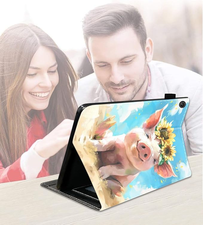 Case for Amazon Kindle Fire 7 Tablet (7 9th/7th Generation 2019/2017 Release) Slim PU Leather Cover with Card Slot &amp Auto Wake/Sleep Watercolor Art Cute Pig