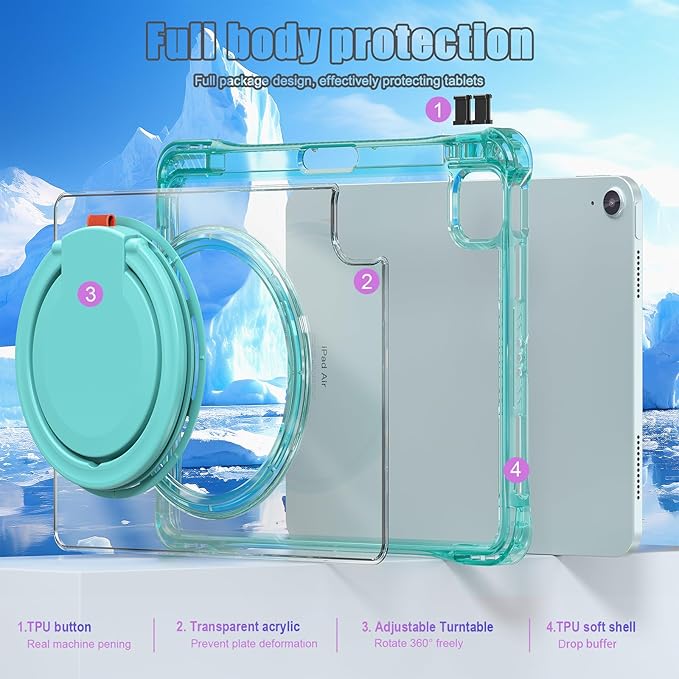 MEEgoodo Case for iPad Air 11 inch (M4) 2026/(M3) 2025/(M2) 2024&ampiPad Air 5th/4th Generation 10.9 inch 2022 2020Soft TPU Frame Tablet Cover with Rotating Stand/Clear Acrylic/Pencil HolderLight G