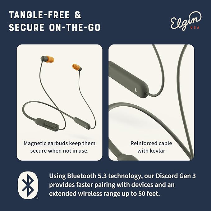 Elgin Discord Gen 3 Bluetooth Earplug Earbuds OSHA Compliant Wireless in-Ear Headphones 31dB NRR ANSI Certified Noise Isolation Dynamic 8mm Driver USB-C Charging 14-Hour Playback