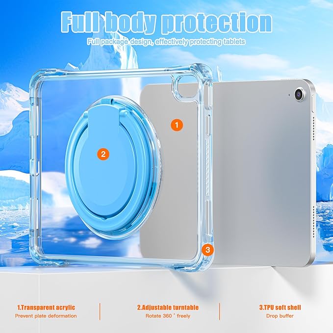 Mektron Shockproof Case for iPad Air 11 inch (M4 2026 8th /M3 2025 7th /M2 2024 6th) Compatible with iPad Air 10.9 (2022 5th Gen /2020 4th Gen) Clear Cases with Rotating Stand for Kids Light Blue