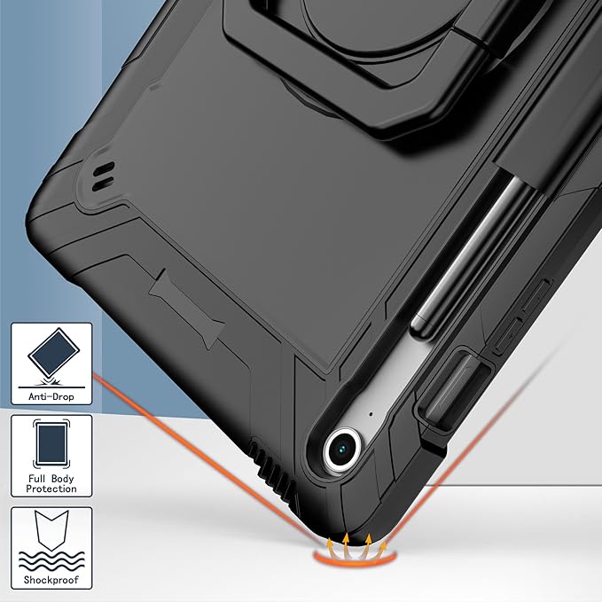 DETUOSI Case for Samsung Galaxy Tab S10 FE Plus 13.1 inch 2025 with Pencil Holder Heavy Duty Shockproof Case with Rotatable Stand &amp Shoulder Strap Black