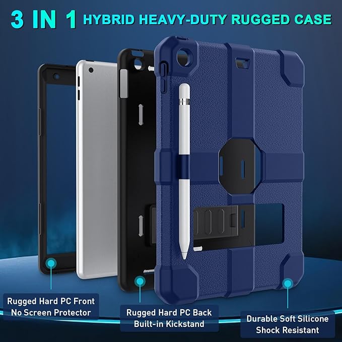 Case for iPad 9th/8th/7th Generation 2021/2020/2019(10.2 inch) Heavy Duty Shockproof Rugged Protective 10.2 Cover with Built-in Stand for iPad 9 8 7 Gen(Black+Mist Blue)