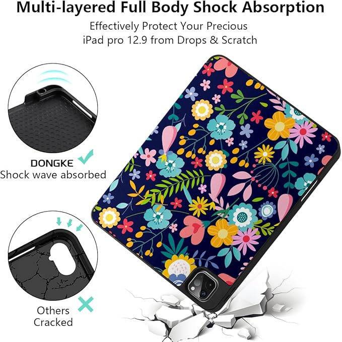 DONGKE Floral Design Case for iPad Pro 12.9 inch 6th 5th 4th 3rd Gen with Pencil Holder Auto Wake/Sleep and Stand