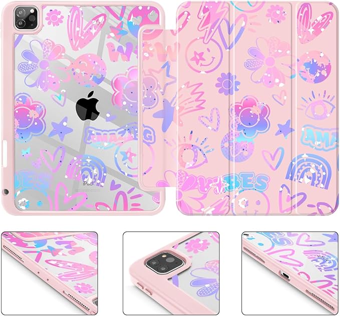 Tuiklol Case for iPad Pro 12.9 Inch M2 Case 2022 2021 2020 2018 Generation 6th/5th/4th/3rdBuilt-in Pencil Holder Clear Transparent Protective Back Shell Cover Fun Emotions Pink
