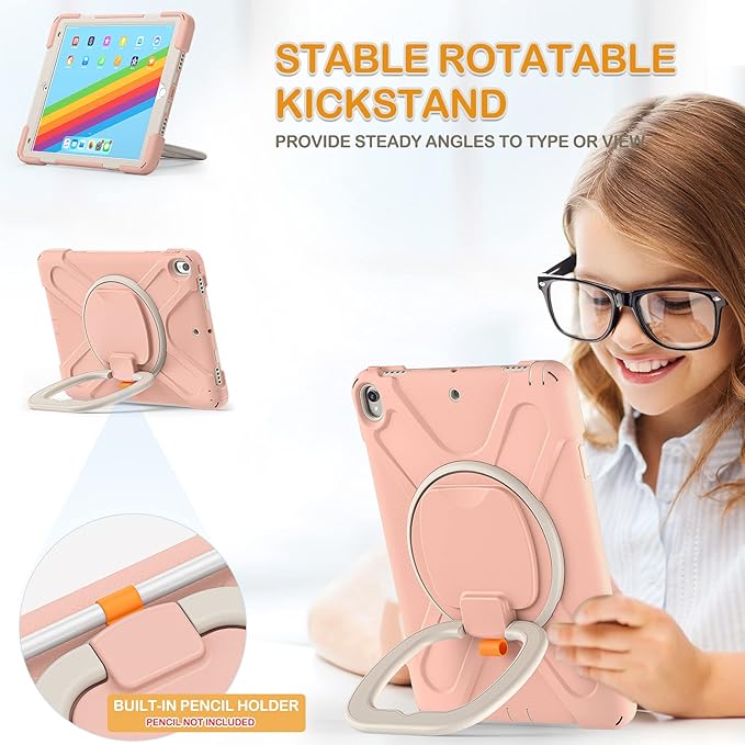 BRAECN Case for iPad Air 3 [Full-Body] [Drop-Proof] Silicone Case with 360°Rotating Hand Grip/Pencil Holder/Shoulder Strap/Stable Kickstand for iPad Air 3rd Generation 2019/ Pro 10.5 2017-Rose Gold