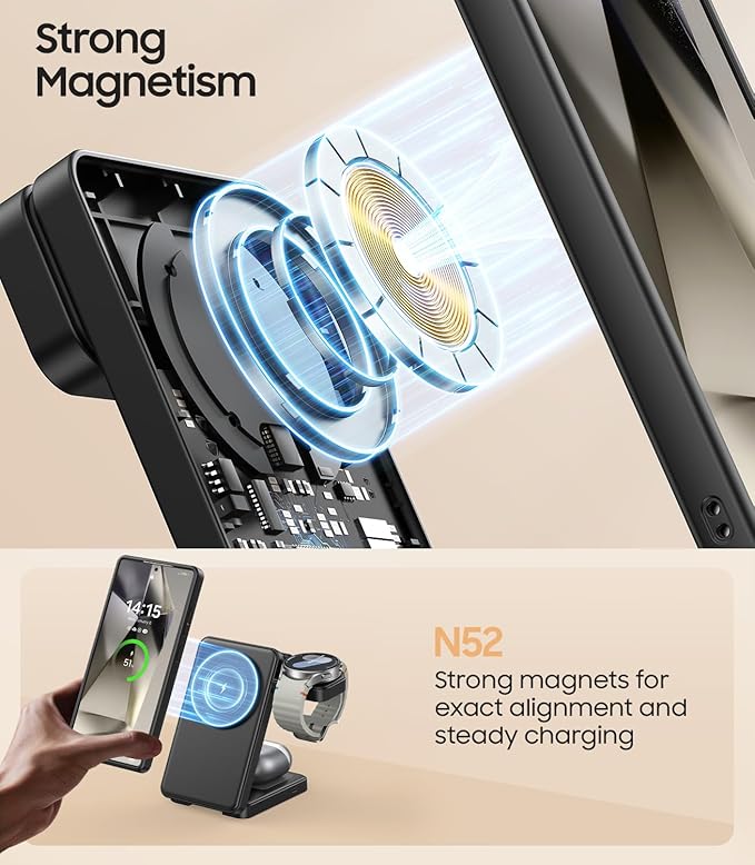 3 in 1 Magnetic Foldable Wireless Charger for Samsung Fast Mag-Safe Charging Station for Galaxy S26 S25 S24 Ultra Plus/Z Fold/Z Flip 7/6/5 Charger Stand for Galaxy Watch Ultra /8/7/6/5/Pro for Buds