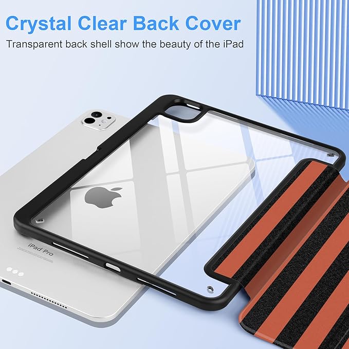 DONGKE for iPad Pro 11-Inch Case (M5 2025 / M4 2024) 6th/5th Generation [Auto Sleep/Wake &amp Pencil Pro Holder] Clear Acrylic Back Smart Trifold Stand Cover Orange Stripes