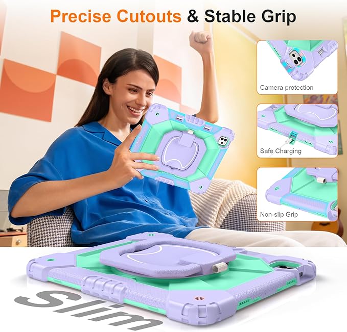 Case for iPad Pro 13 Inch M5 2025 / M4 2024 Auorld for iPad Pro 13 Inch M5 2025 with Screen Protector 360 Degree Rotating Stand Shoulder Strap Pencil Holder Purple Mint