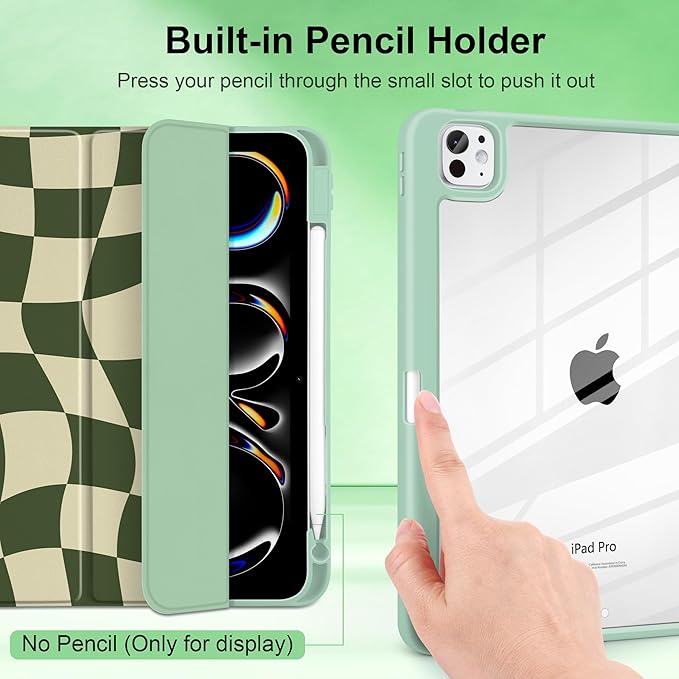 TWOLSKOO Case for iPad Pro 11-inch (M5 2025 / M4 2024) Clear Acrylic Back with TPU Bumper Pencil Holder Trifold Stand Auto Sleep/Wake Green Wavy Checker
