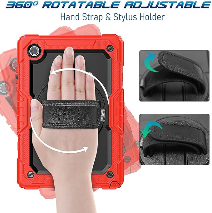 Timecity Case for Samsung Galaxy Tab A8 10.5 inch SM-X200/X205/X207 with 360 Degree Rotatable Kickstand Hand Strap Shoulder Strap for Samsung Galaxy Tab A8 Tablet 2022 Released Red