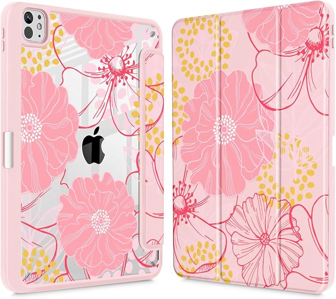 May Chen Case for iPad Pro 11-Inch M5/M4 2025/2024 (6th/5th Generation) Clear Transparent Print Back Shell Slim Stand Shockproof Tablet Cover Auto Wake/Sleep Pink Flowers