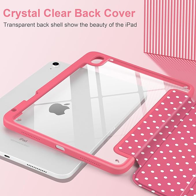 Case for iPad A16 11th Generation 11 inch 2025 iPad 10th Generation 10.9 inch 2022 -[Built-in Pencil Holder] Shockproof Clear Hard Back Trifold Stand Auto Wake/Sleep Rose red White dot