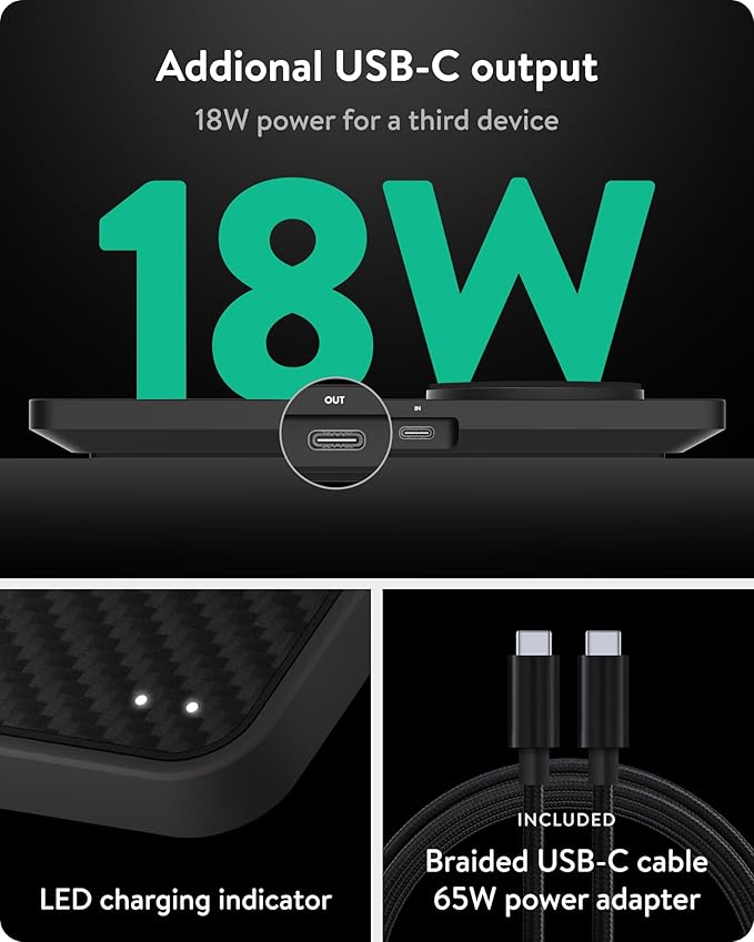 Mous - Dual Charging Station with Qi2 up to 15W Fast Charge - MagSafe Charger Compatible with iPhone 17/16/15/14/13/12 Pixel 10 Series and Airpods - USB-C Cable - Aramid Fibre
