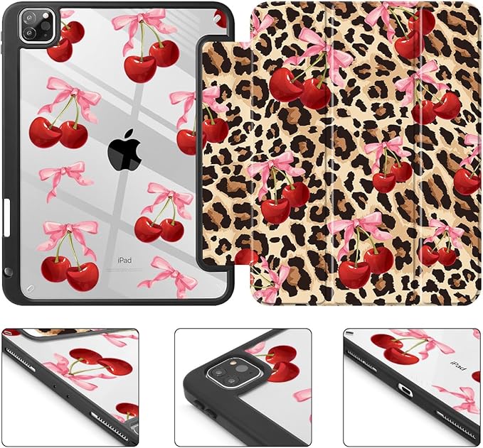 May Chen for iPad Pro 11 inch M2 4th Generation 2022 iPad Pro 11 3rd/2nd/1st Gen Built-in Pencil Holder with Shockproof Cover Clear Transparent Back Shell Auto Wake/Sleep Cherry &amp Cheetah