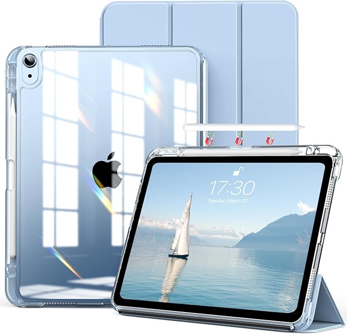 kenke Hybrid Case for iPad Air 11 Inch (M3) 2025 / (M2) 2024 iPad Air 5th/4th Gen 2022/2020 10.9 Inch with Pencil Holder Detachable Cover with Clear Hard Back Shell Auto Sleep/Wake Sky Blue