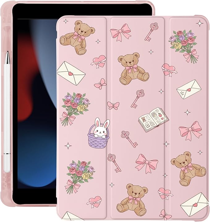 Cute Kawaii Bear Bow for iPad mini 7 A17 Pro 2024/iPad Mini 6 Case with Pencil Holder Auto Sleep/Wake Pink Leather Soft TPU Back Cover