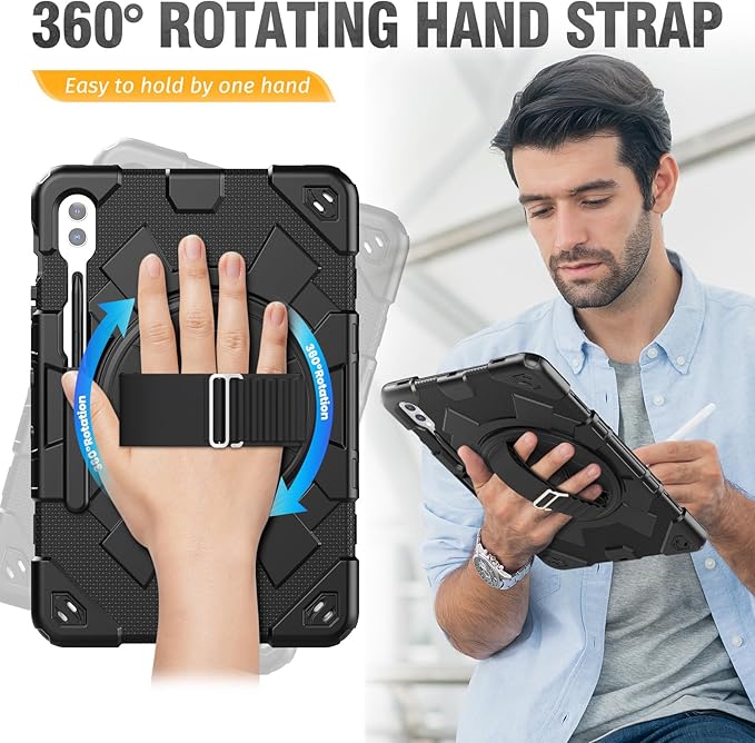 HXCASEAC Case for Samsung Galaxy Tab S10+ Plus / S9 Fe+ / S9+ 5G 12.4 inch Protective with Screen Protector/S Pen Holder/ 360 Rotating Stand Hand Strap - Black
