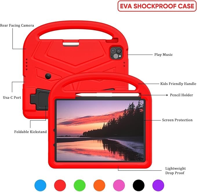 Kids Case for Apple iPad Air 11 inch M3/M2 &amp iPad Pro 11 inch M5/M4 (2025/2024) with Pencil Holder/Handle/Kickstand Lightweight Soft EVA Foam Shockproof Stand Girls Boys Cover Red Bird