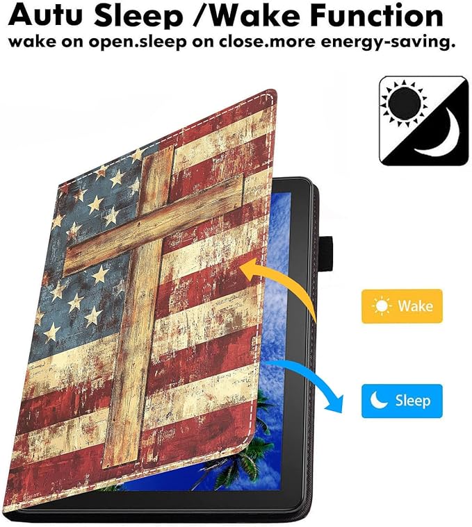 Case for Amazon Fire HD 10/HD 10 Plus Tablet 10.1 (13th/11th Generation 2023/2021 Release) Slim PU Leather Cover with Card Slot &amp Auto Wake/Sleep American Flag Cross