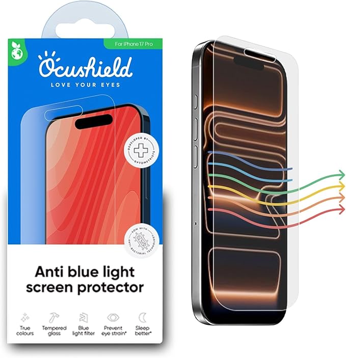 Ocushield Screen Protector for iPhone 17 Pro – Blue Light Tempered Glass Blue Light Filter 95% Transparency Bubble-Free Install Scratch-Resistant Case Friendly