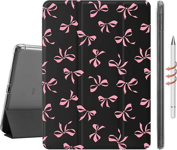 Idocolors Cute Pink Bow Case for 10.2 iPad 7th/8th/9th Generation Tri-Fold Tablet Case with Auto Wake/Sleep &amp Pencil Holder - Vibrant Protective Cover for Women Girls and Teens (Black)